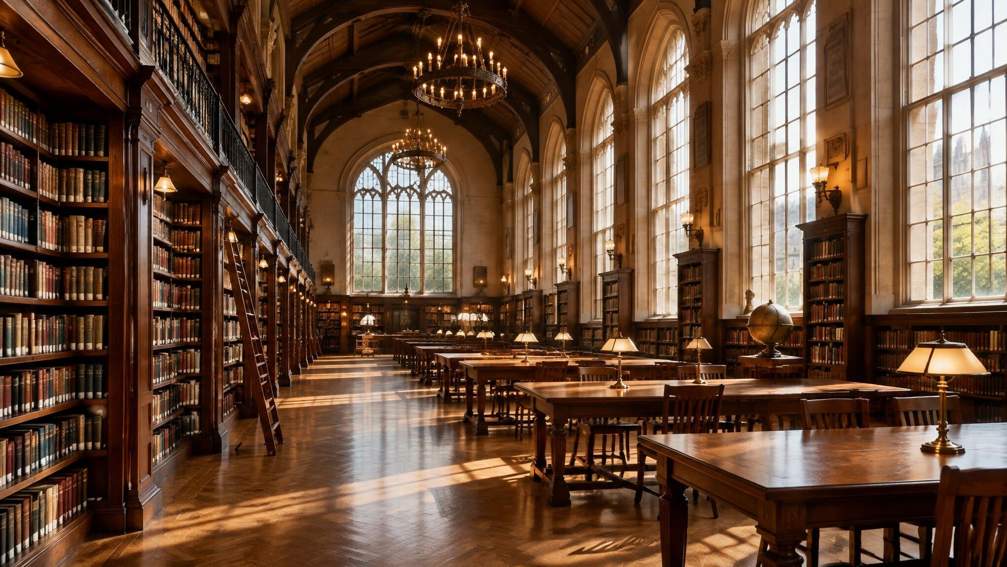 Wide shot of a grand library hall with bookshelves